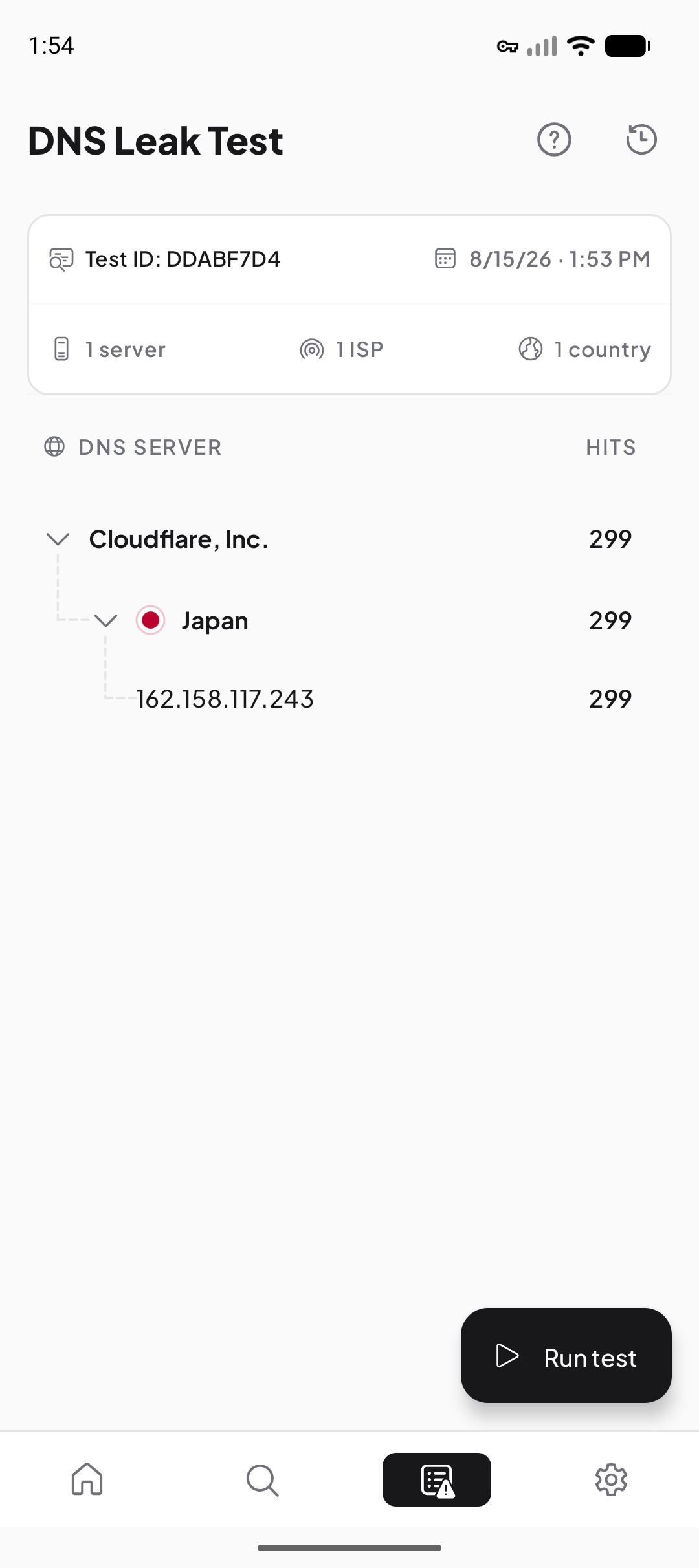Resultado de la prueba DNS en IP Finder